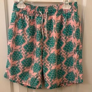 Crewcuts Pink and Green Turtle Print Kids Swim Trunks